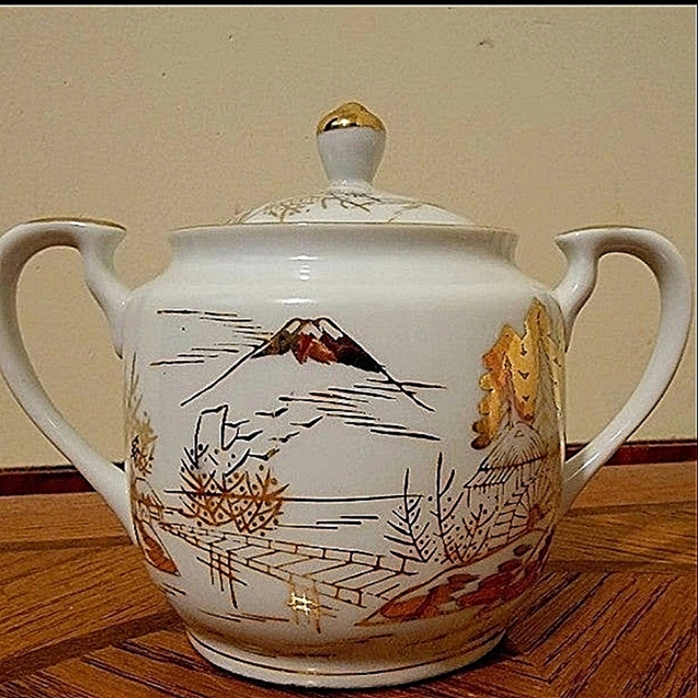 Rare 1950s Japanese Kutani Sugar Bowl Porcelain White & Gold